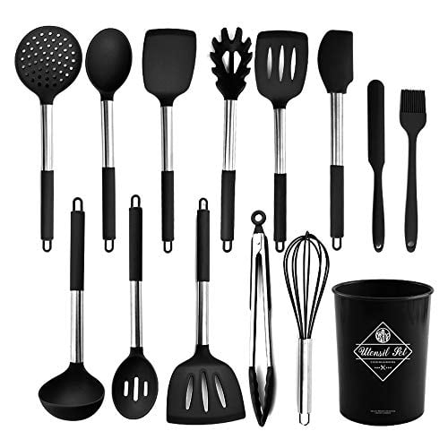 Non-stick Heat Resistan Kitchen Tools and Gadgets with Wooden Handle Cooking Utensils Set Pink Caliamary 13 PCS Silicone Kitchen Utensils Set with Holder Spoons Spatulas Tongs Whisk for Cooking